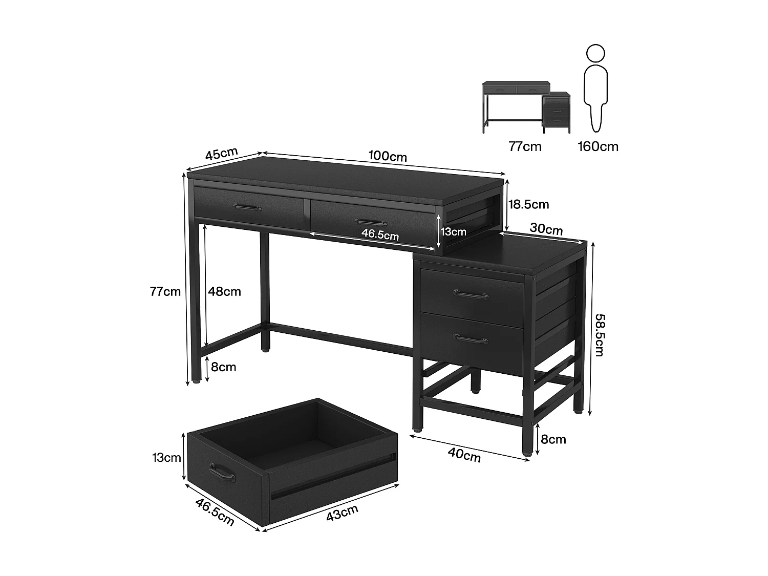Bureau d'ordinateur à 5 tiroirs, bureau pour bureau à domicile avec tiroir réversible