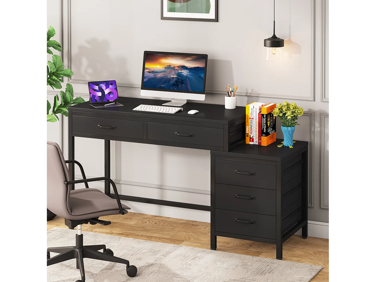 Bureau d'ordinateur à 5 tiroirs, bureau pour bureau à domicile avec tiroir réversible