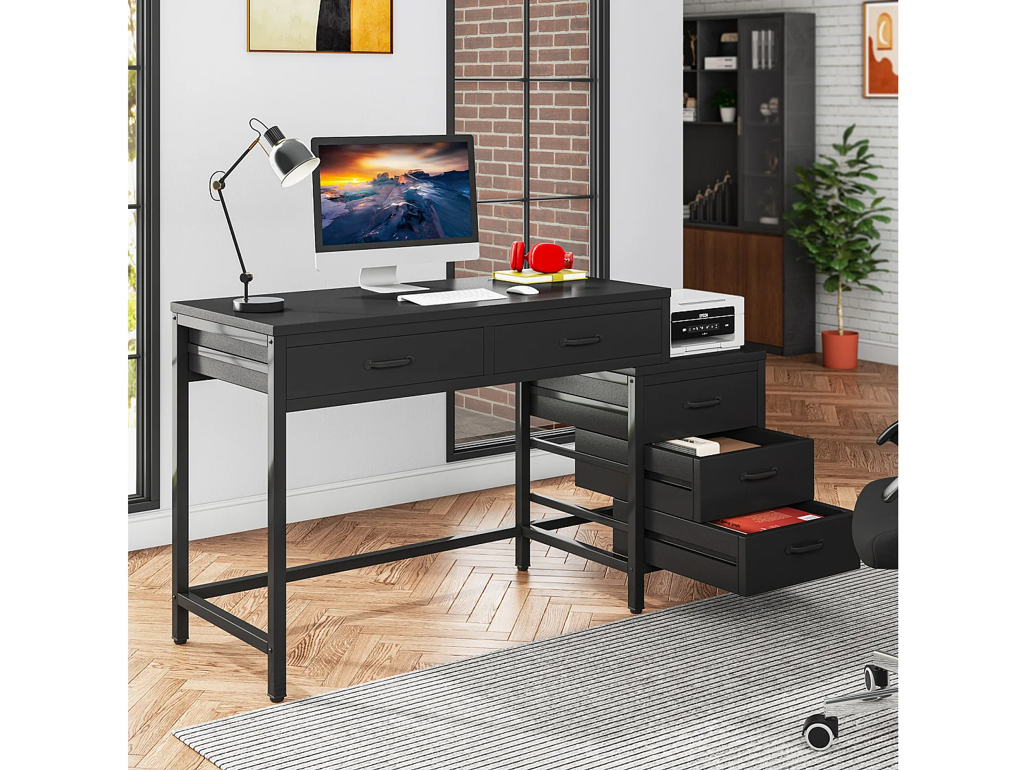 Bureau d'ordinateur à 5 tiroirs, bureau pour bureau à domicile avec tiroir réversible