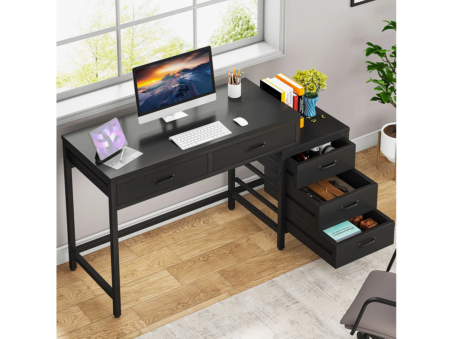 Bureau d'ordinateur à 5 tiroirs, bureau pour bureau à domicile avec tiroir réversible