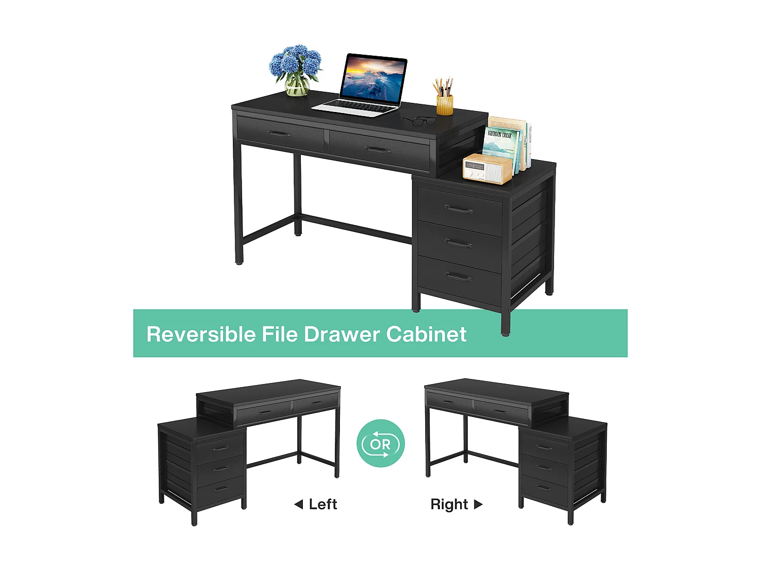 Bureau d'ordinateur à 5 tiroirs, bureau pour bureau à domicile avec tiroir réversible