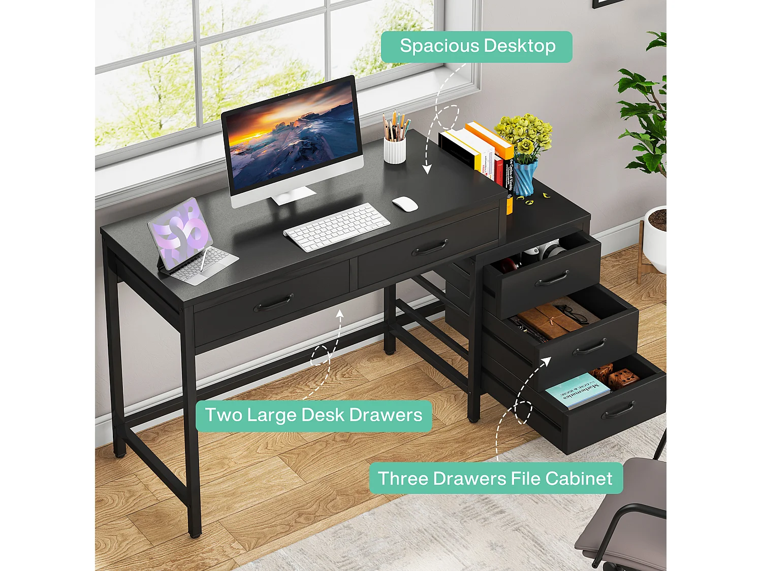 Bureau d'ordinateur à 5 tiroirs, bureau pour bureau à domicile avec tiroir réversible