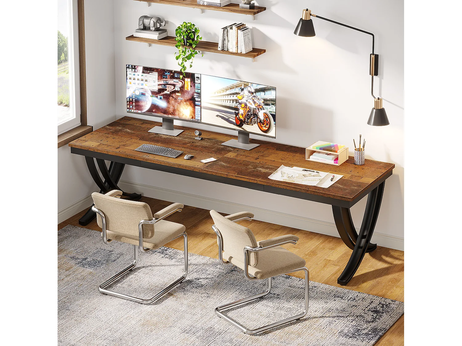 Bureau voor twee personen, extra lang bureau van 200 cm, groot tweepersoonsbureau