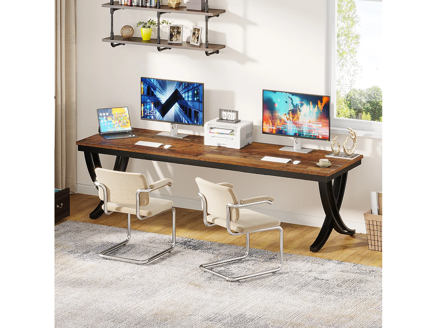 Bureau voor twee personen, extra lang bureau van 200 cm, groot tweepersoonsbureau