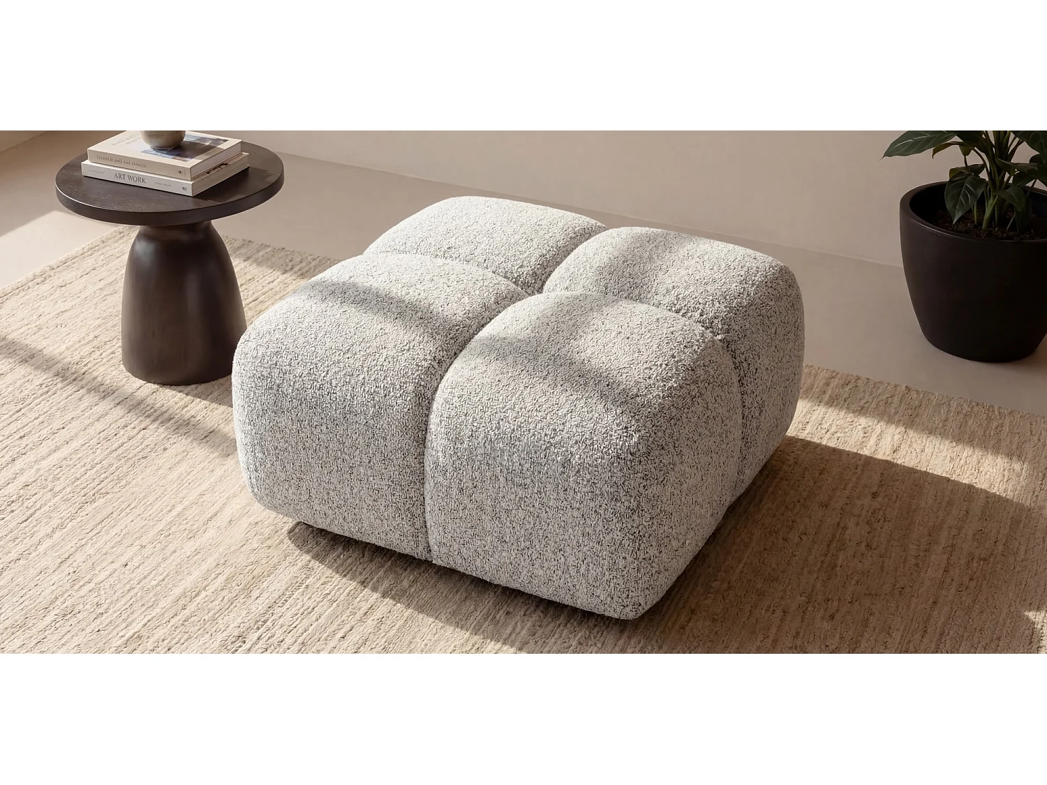 Pouf capitonné en tissu bouclé beige 88 cm - ALVERO