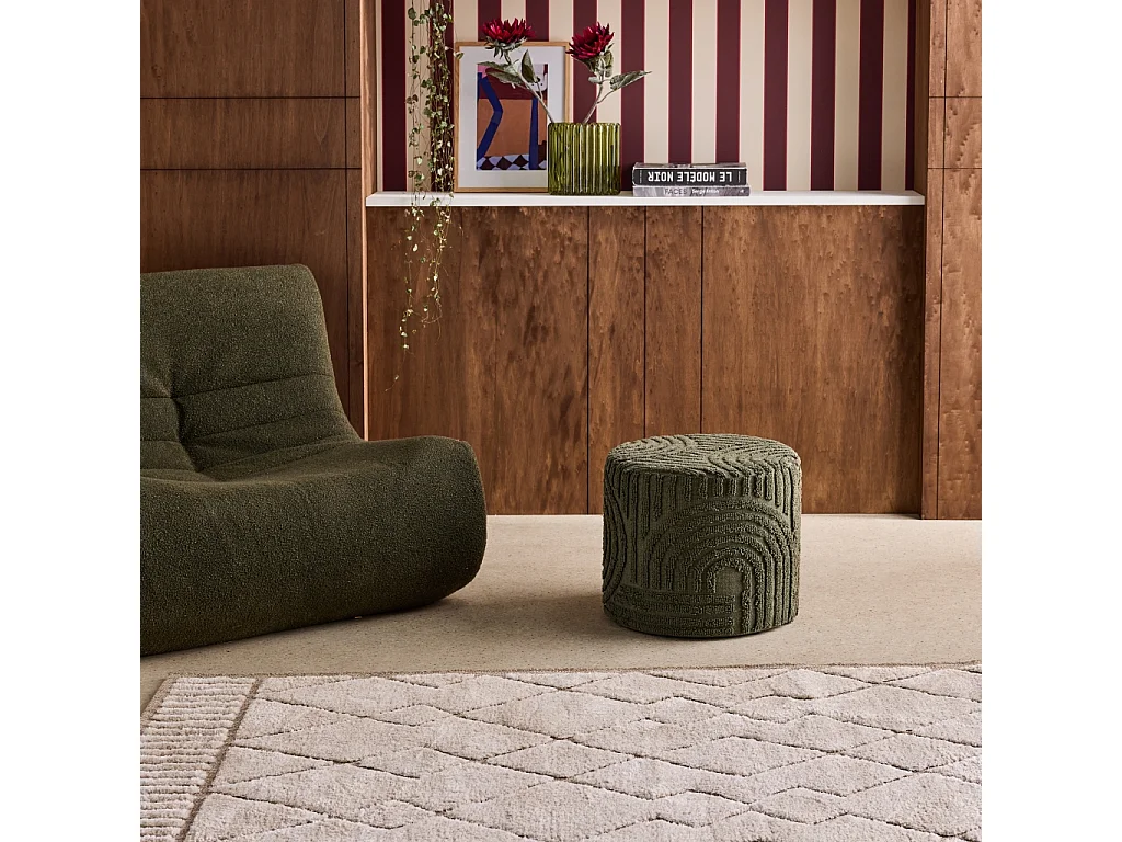 Pouf rotondo in bouclé testurizzato, verde kaki