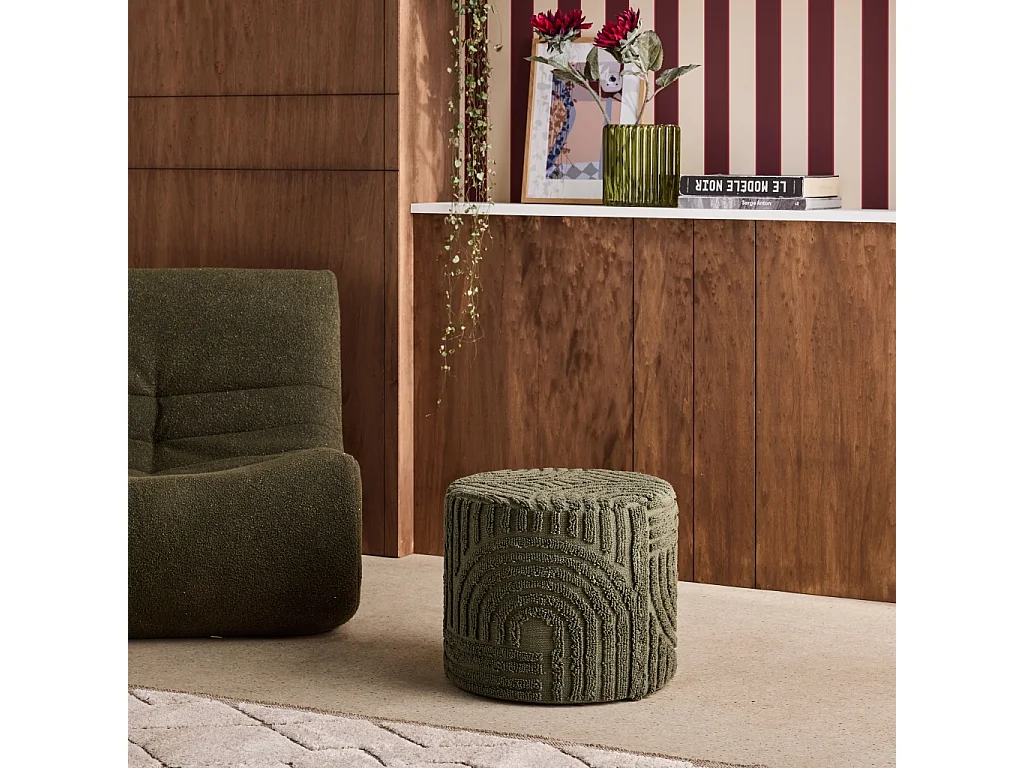 Pouf rotondo in bouclé testurizzato, verde kaki