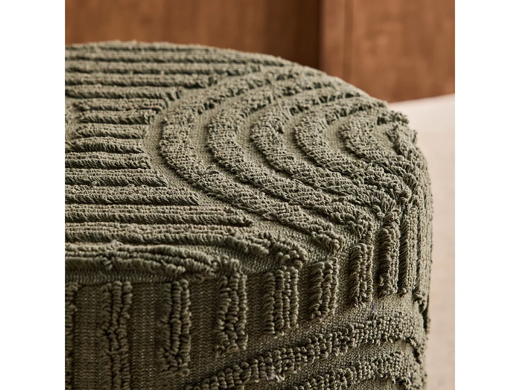 Pouf rotondo in bouclé testurizzato, verde kaki