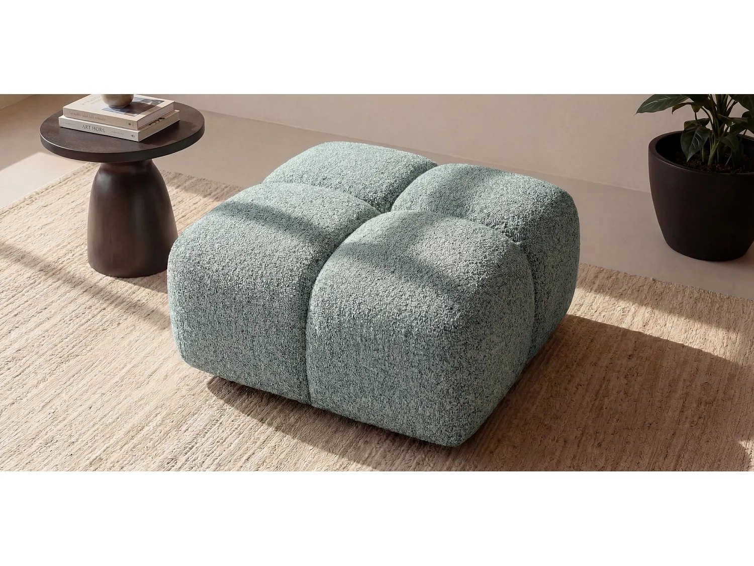 Designer Pouf / Polsterhocker ALVERO 88x88 cm – Puente Salbeigrün 33 – Premium Strukturstoff – HR-Schaum