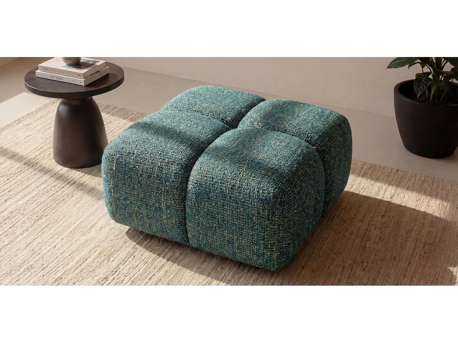 Designer Pouf / Polsterhocker ALVERO 88x88 cm – Puente Dunkelgrün 37 – Premium Strukturstoff – HR-Schaum