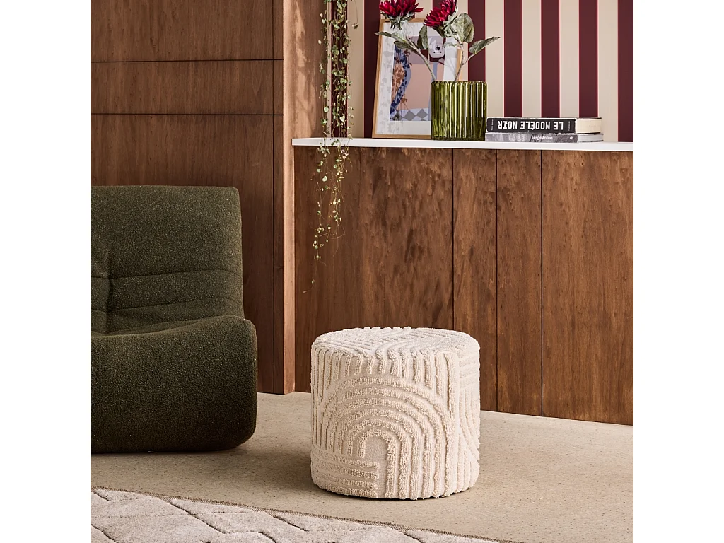 Pouf rotondo in bouclé testurizzato, bianco