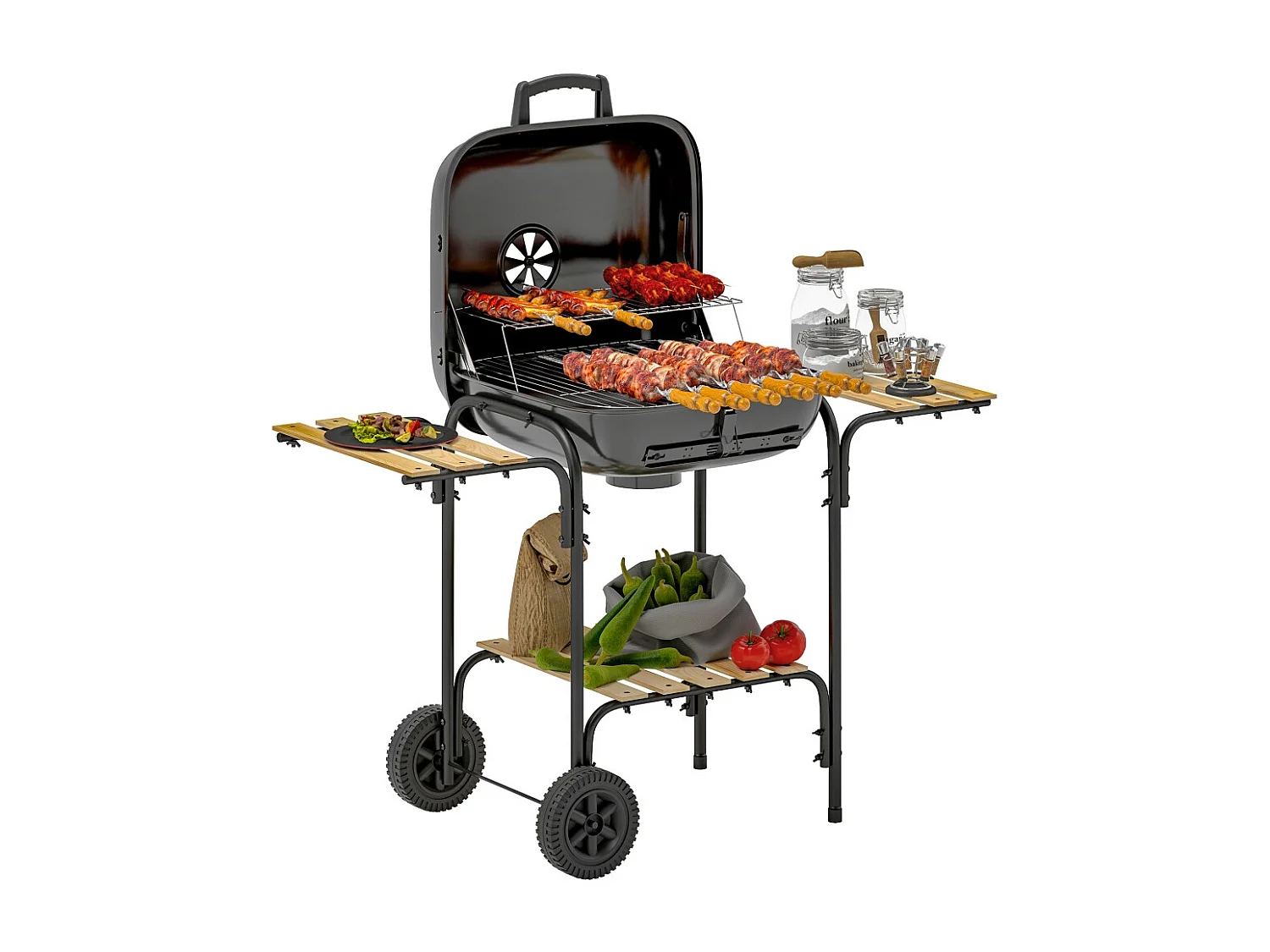 Barbecue charbon de bois chariot de cuisson avec surface de cuisson 1840 cm² et couvercle