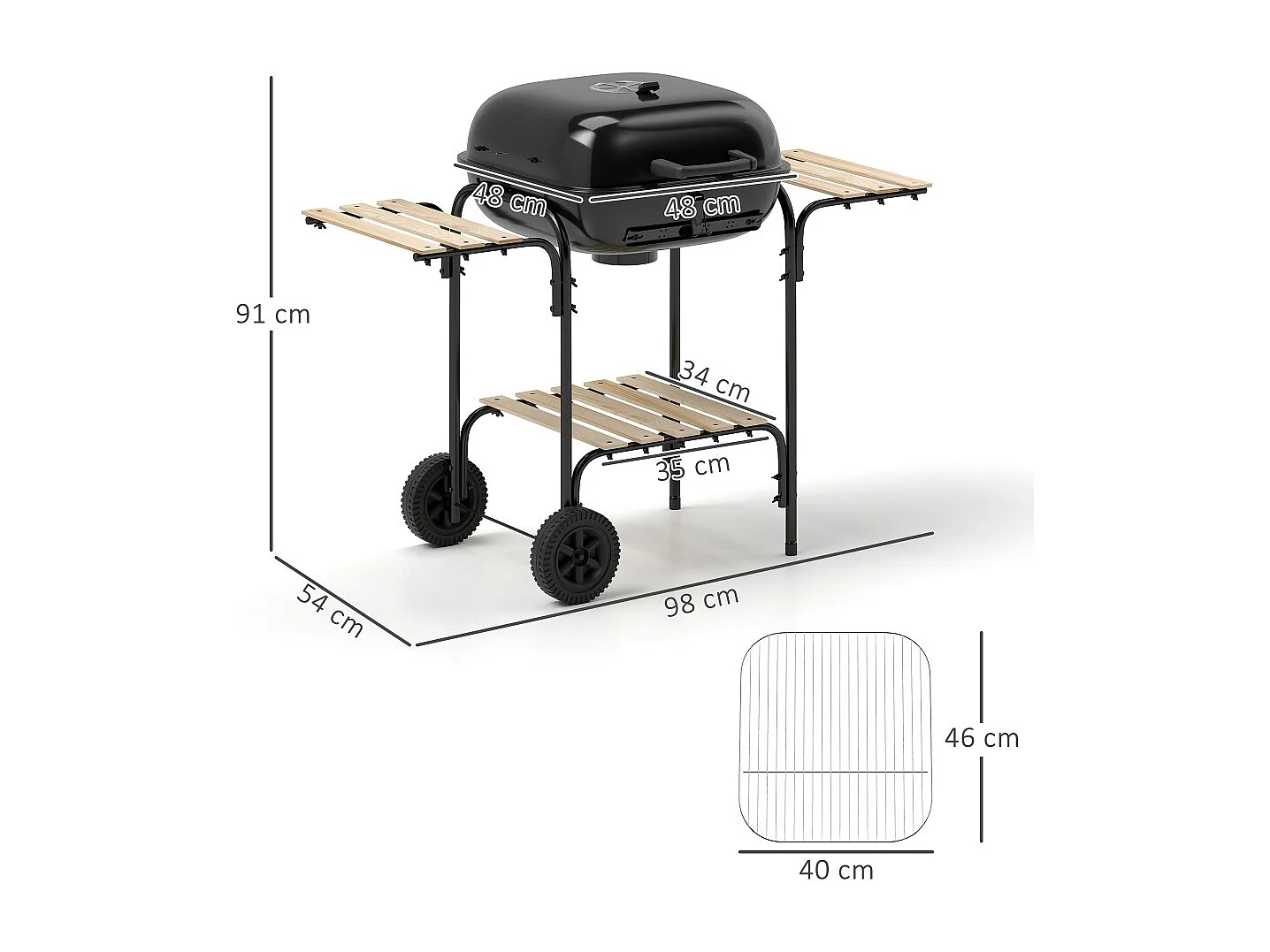 Barbecue charbon de bois chariot de cuisson avec surface de cuisson 1840 cm² et couvercle