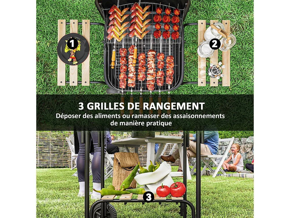 Barbecue charbon de bois chariot de cuisson avec surface de cuisson 1840 cm² et couvercle