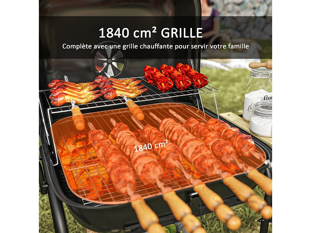 Barbecue charbon de bois chariot de cuisson avec surface de cuisson 1840 cm² et couvercle