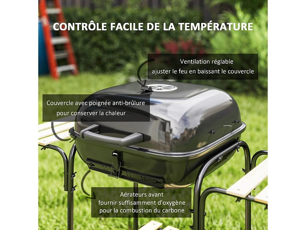 Barbecue charbon de bois chariot de cuisson avec surface de cuisson 1840 cm² et couvercle