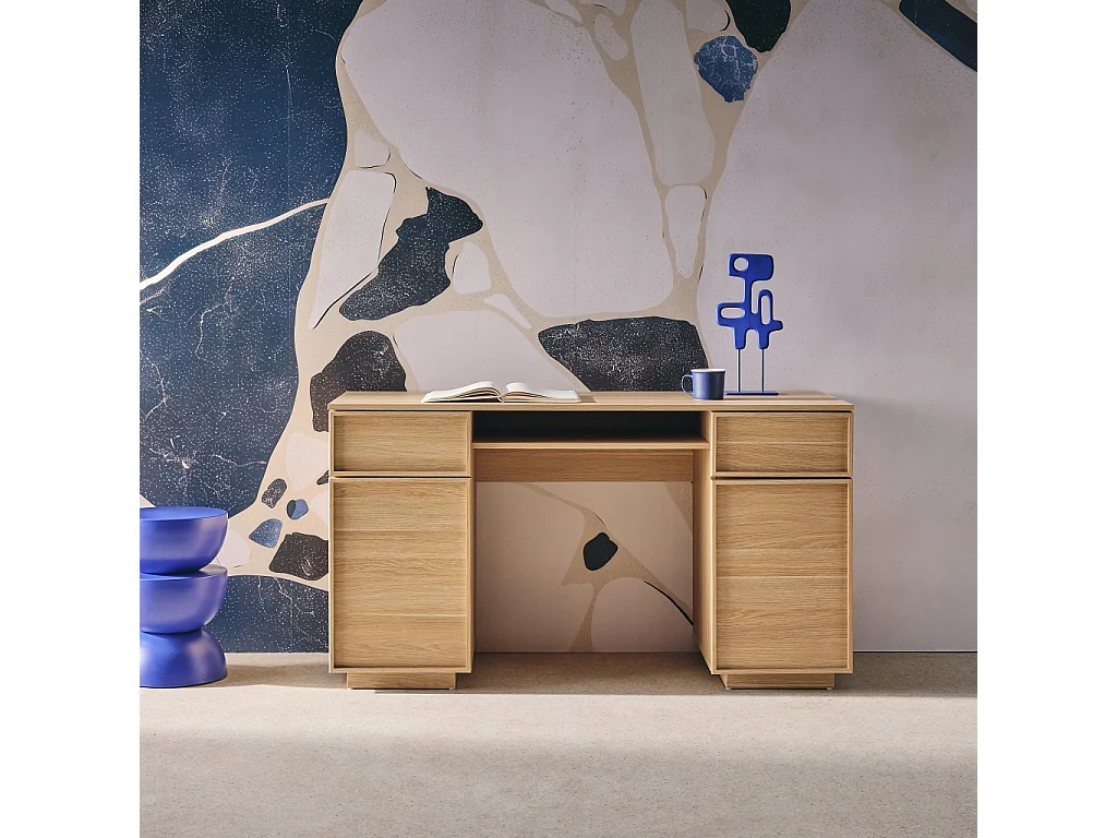 Escritorio efecto madera con 2 puertas y 2 cajones, 140cm natural