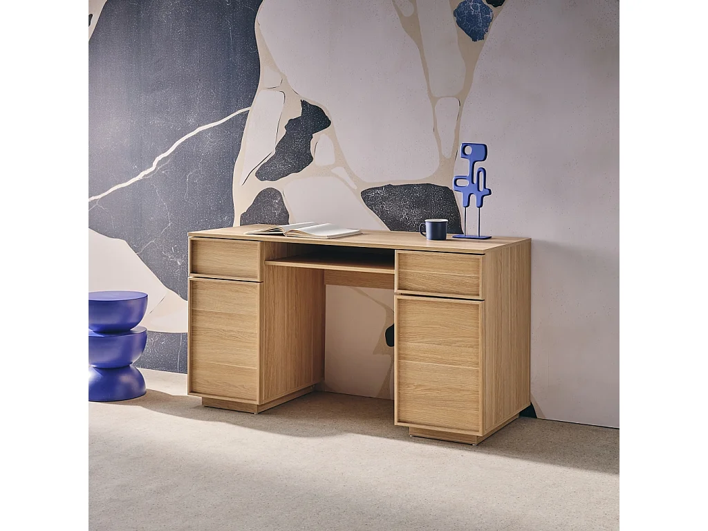 Escritorio efecto madera con 2 puertas y 2 cajones, 140cm natural