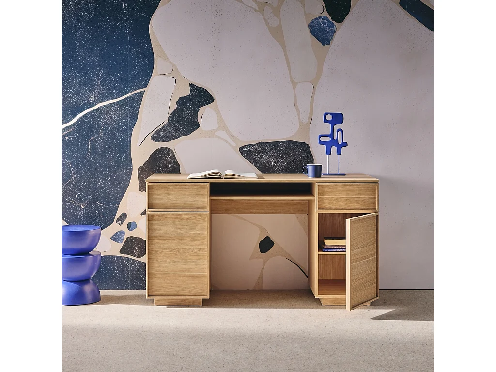 Escritorio efecto madera con 2 puertas y 2 cajones, 140cm natural