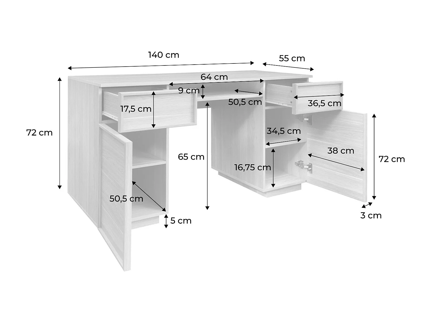 Escritorio efecto madera con 2 puertas y 2 cajones, 140cm natural