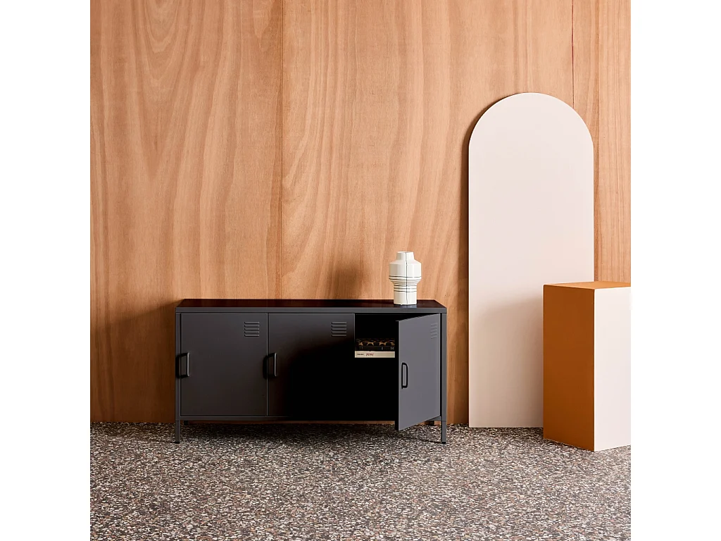 Meuble TV industriel métal noir 3 portes 120cm - Alabama