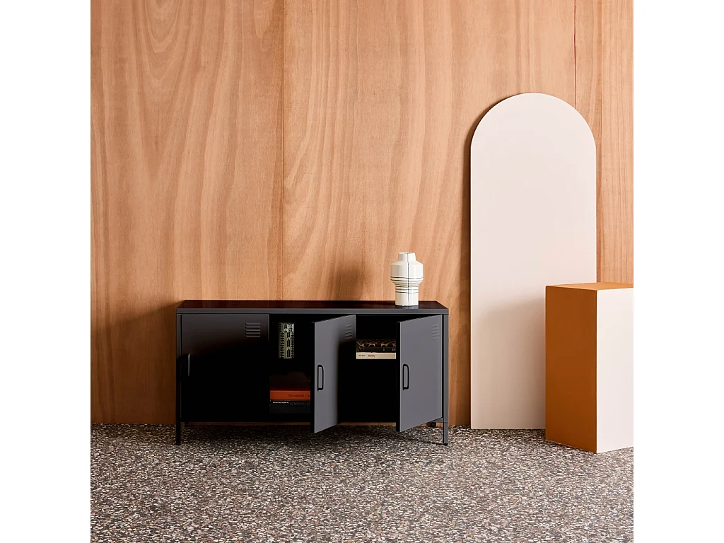 Meuble TV industriel métal noir 3 portes 120cm - Alabama