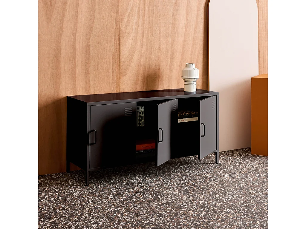 Meuble TV industriel métal noir 3 portes 120cm - Alabama