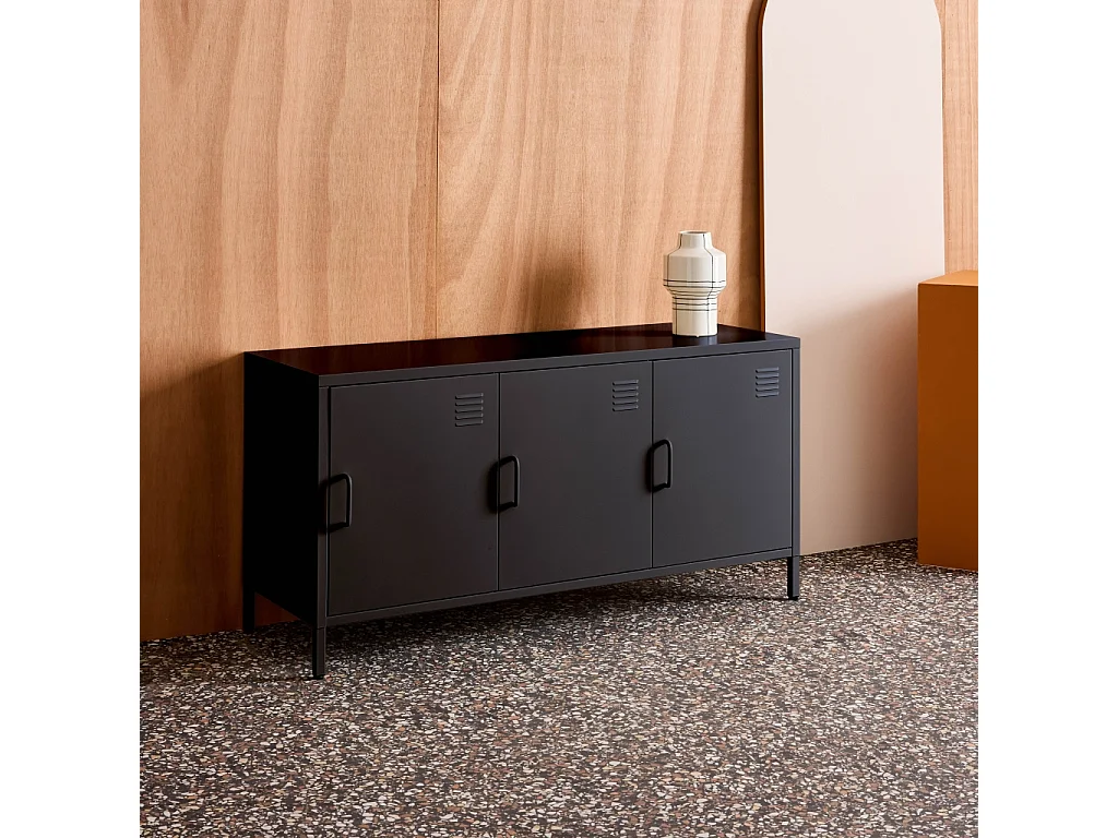 Meuble TV industriel métal noir 3 portes 120cm - Alabama