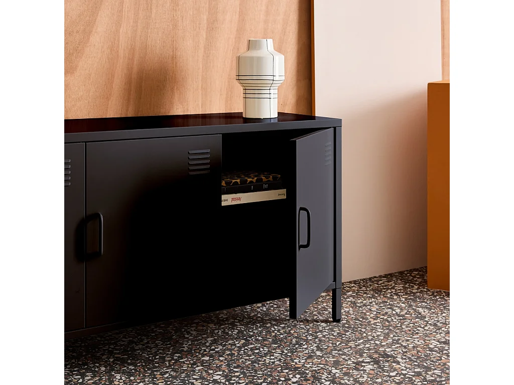 Meuble TV industriel métal noir 3 portes 120cm - Alabama