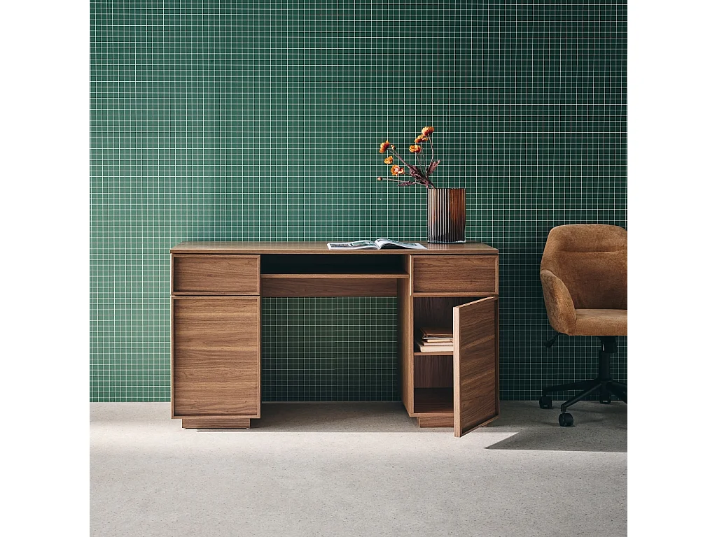 Escritorio efecto madera con 2 puertas y 2 cajones, 140cm nogal