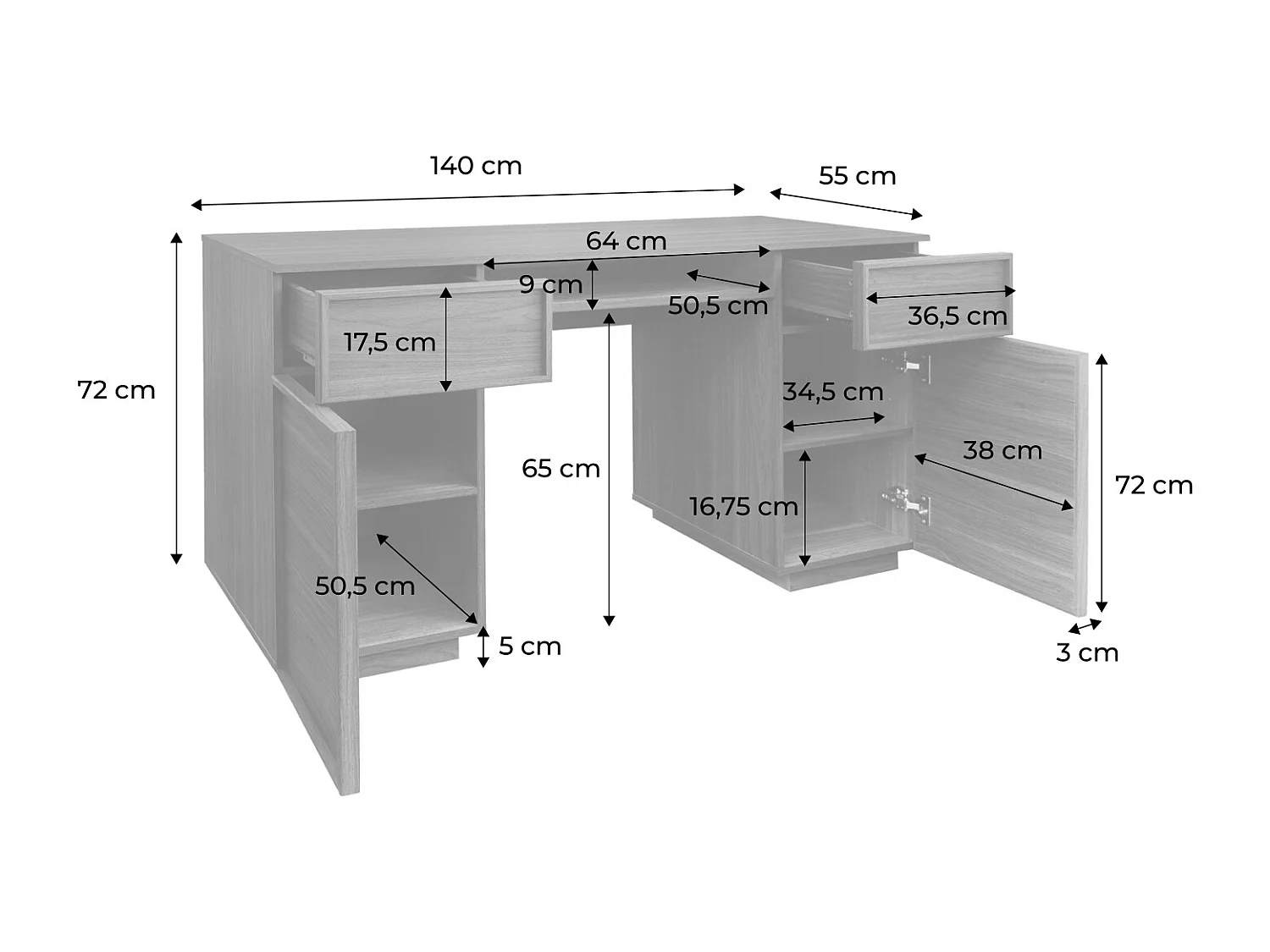 Escritorio efecto madera con 2 puertas y 2 cajones, 140cm nogal