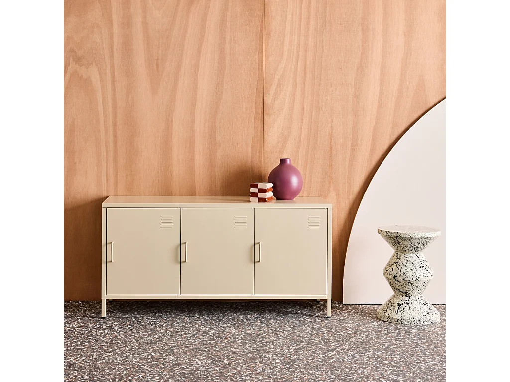 Mueble de tv industrial de metal con 3 puertas, 120cm crema