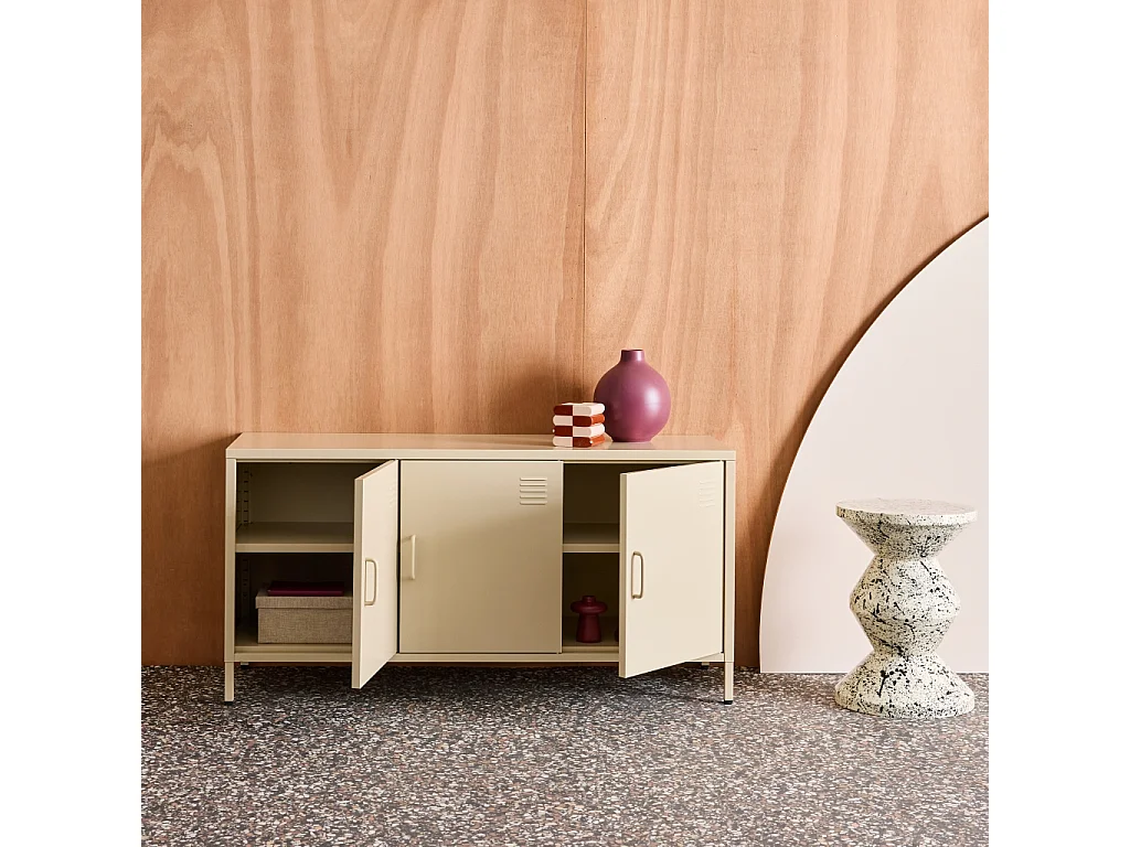 Mueble de tv industrial de metal con 3 puertas, 120cm crema