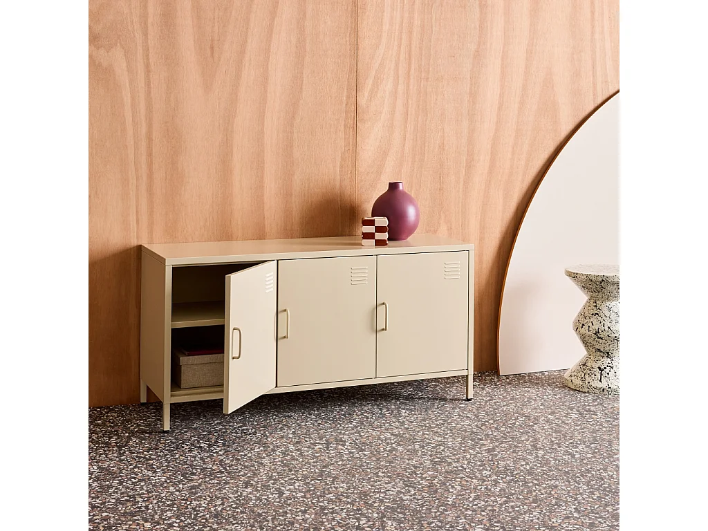 Mueble de tv industrial de metal con 3 puertas, 120cm crema