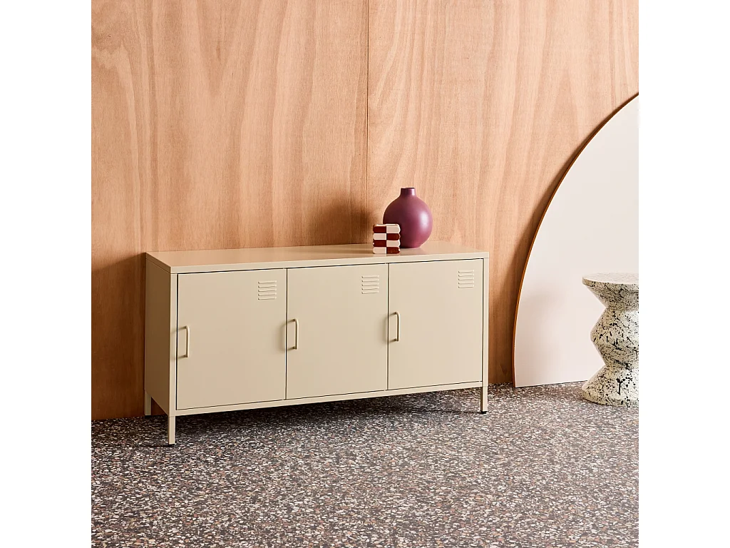 Mueble de tv industrial de metal con 3 puertas, 120cm crema