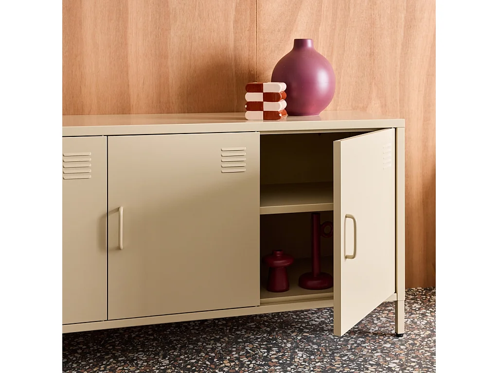 Mueble de tv industrial de metal con 3 puertas, 120cm crema