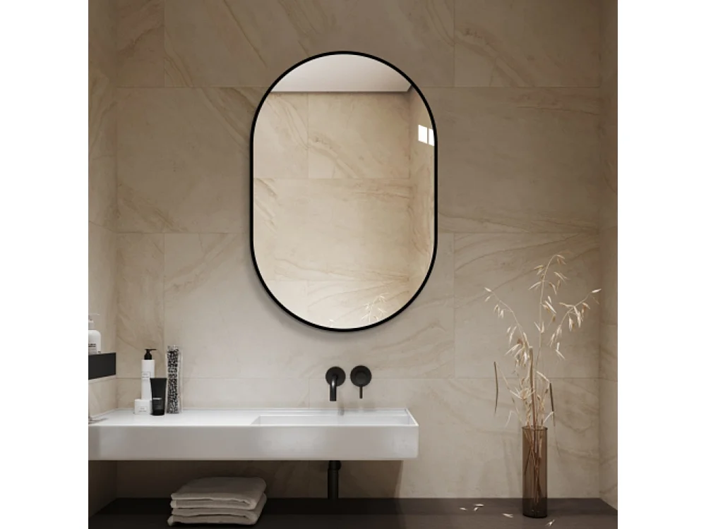 Miroir mural arqué 60×90 cm avec cadre en aluminium noir – Miroir argenté HD sans cuivre