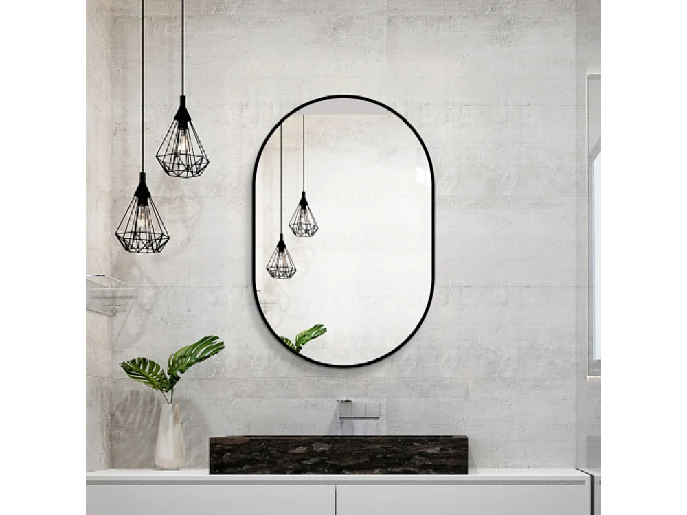 Miroir mural arqué 60×90 cm avec cadre en aluminium noir – Miroir argenté HD sans cuivre