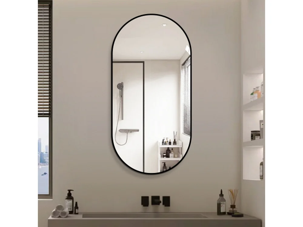 Miroir mural arqué 60×120 cm avec cadre en aluminium noir – Miroir argenté HD sans cuivre