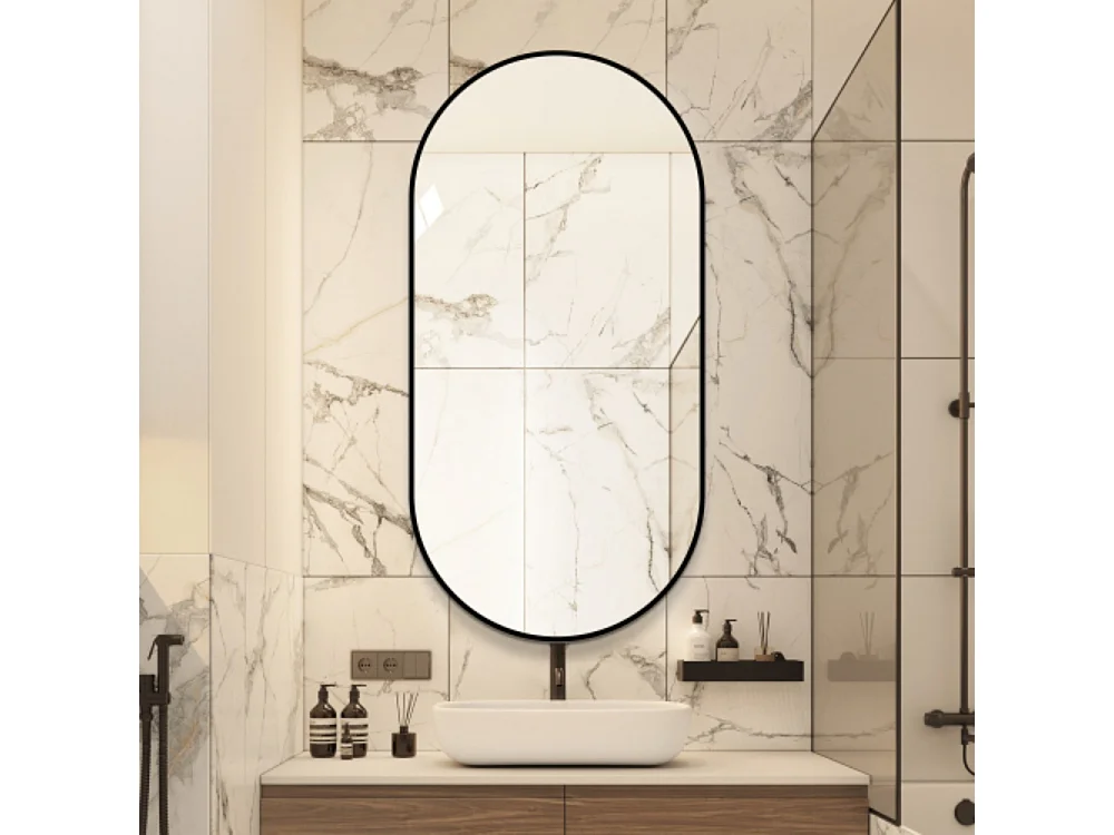 Miroir mural arqué 60×120 cm avec cadre en aluminium noir – Miroir argenté HD sans cuivre