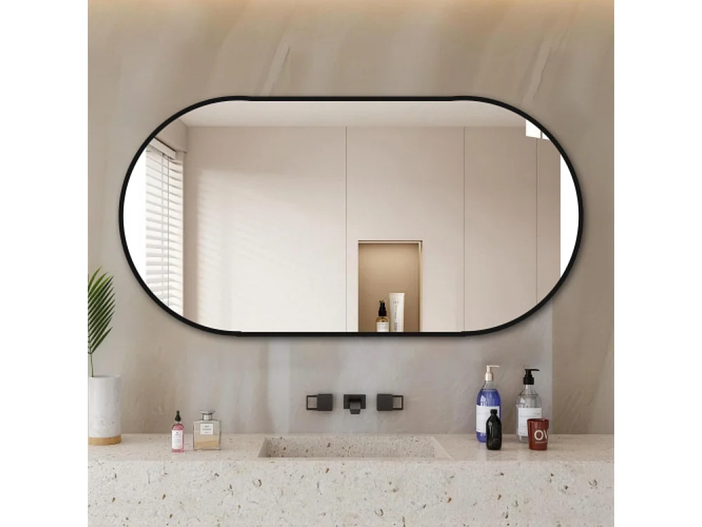 Miroir mural arqué 60×120 cm avec cadre en aluminium noir – Miroir argenté HD sans cuivre