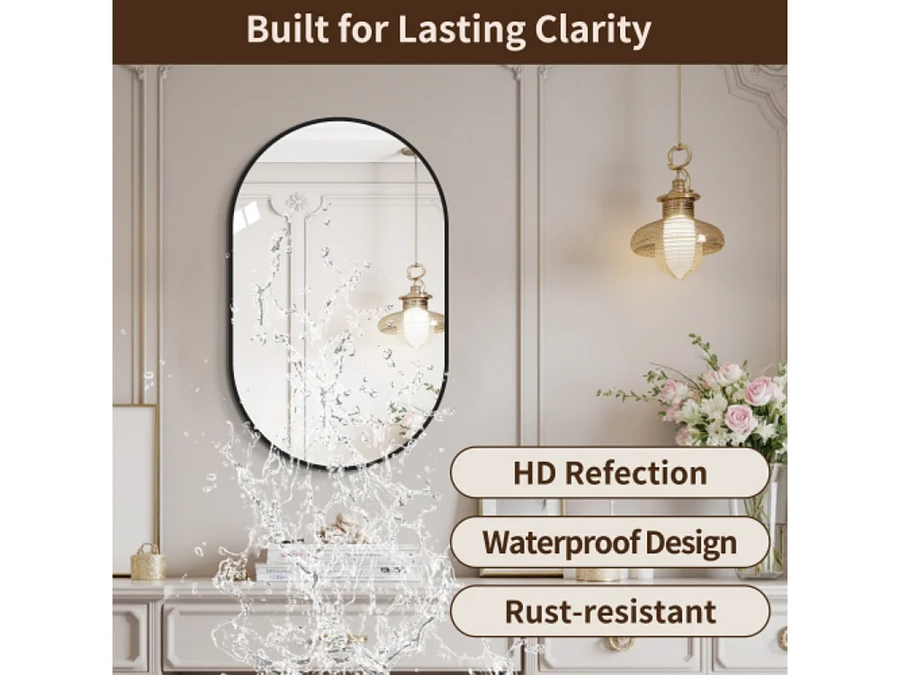 Miroir mural arqué 60×120 cm avec cadre en aluminium noir – Miroir argenté HD sans cuivre