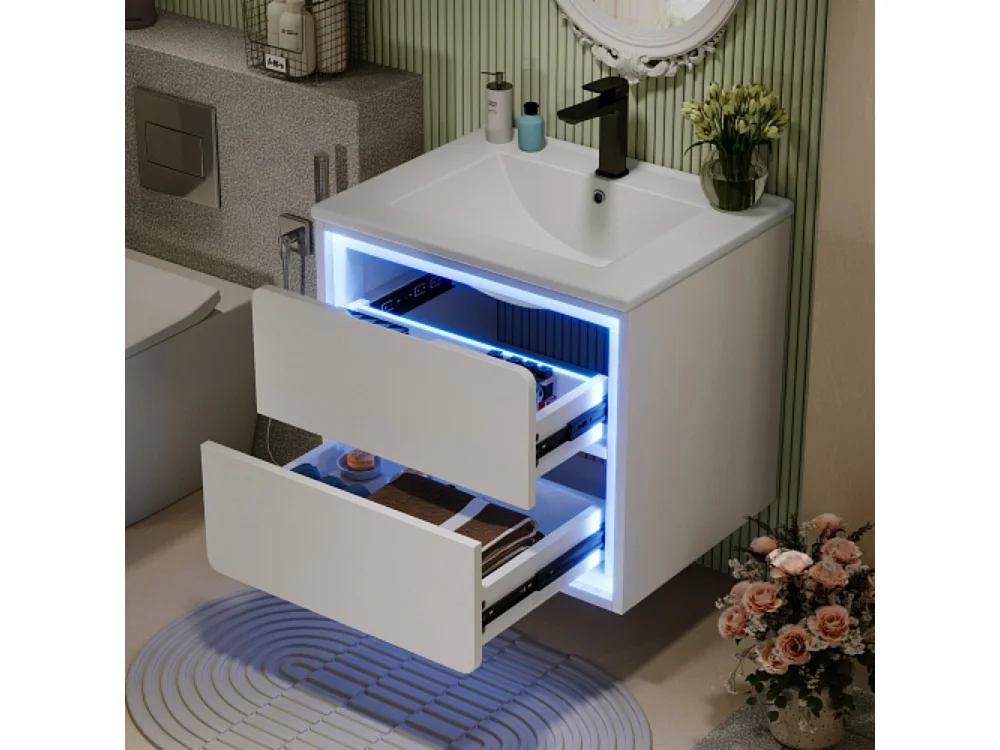 Meuble de salle de bains suspendu 60x46x50 cm entièrement laquée éclairage LED deux tiroirs avec lavabo intégré blanc