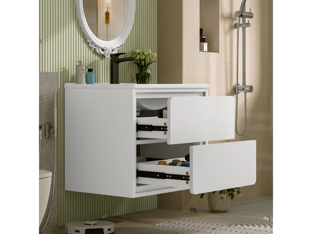 Meuble de salle de bains suspendu 60x46x50 cm entièrement laquée éclairage LED deux tiroirs avec lavabo intégré blanc