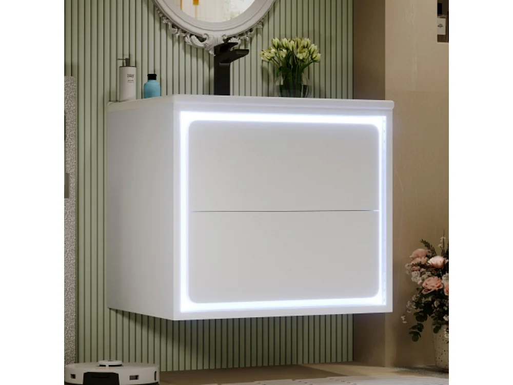Meuble de salle de bains suspendu 60x46x50 cm entièrement laquée éclairage LED deux tiroirs avec lavabo intégré blanc