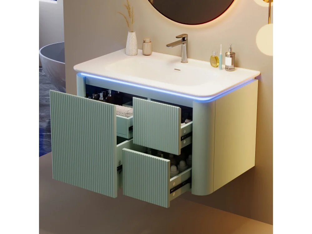 Meuble sous-vasque suspendu 80,5x47,5x51 cm entièrement laqué, structure verticale, éclairage LED  design anti-choc lavabo monobloc vert