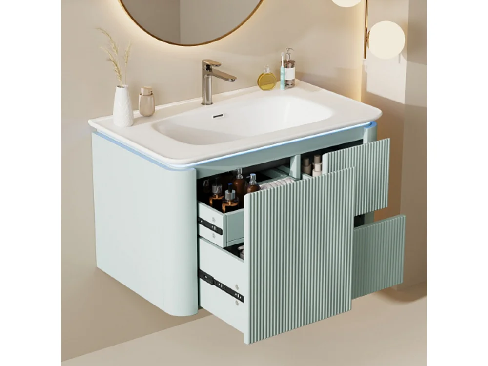 Meuble sous-vasque suspendu 80,5x47,5x51 cm entièrement laqué, structure verticale, éclairage LED  design anti-choc lavabo monobloc vert