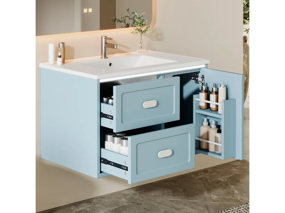 Meuble de salle de bains suspendu76x46x51 cm entièrement laqué éclairage LED  deux tiroirs lavabo intégré bleu