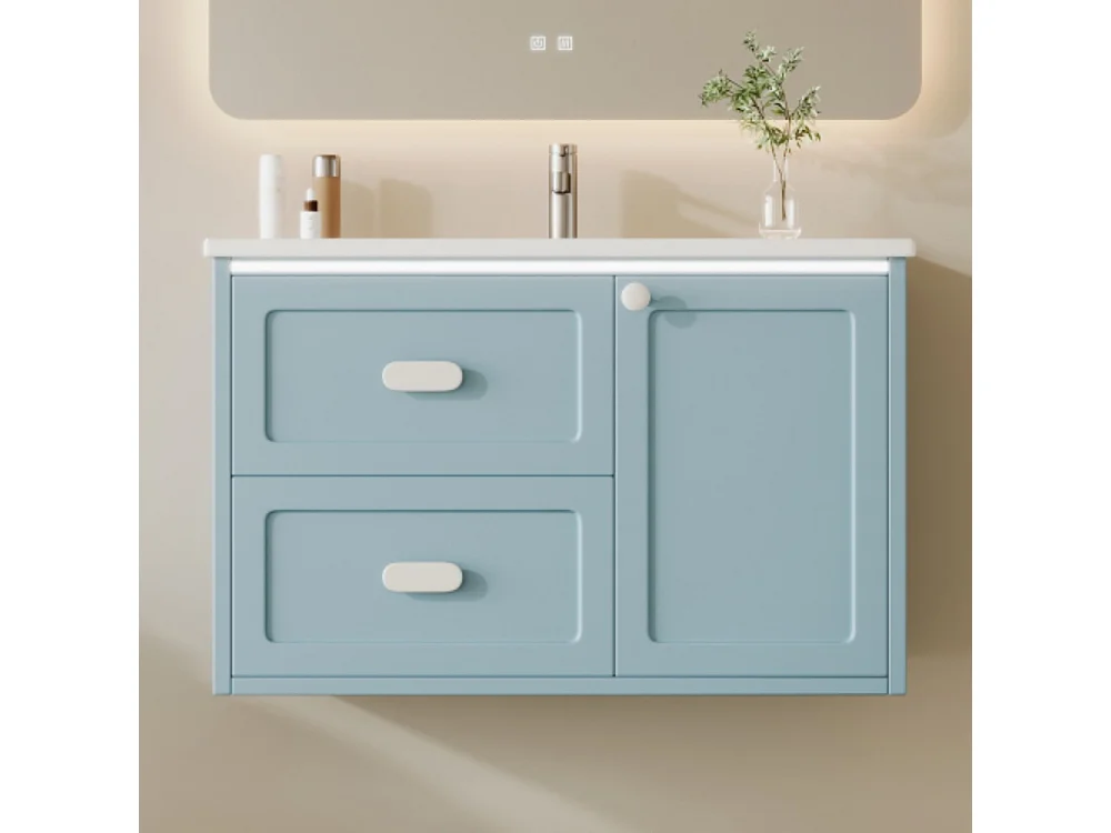 Meuble de salle de bains suspendu76x46x51 cm entièrement laqué éclairage LED  deux tiroirs lavabo intégré bleu