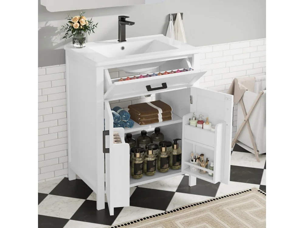 Meuble de salle de bains au sol 60x46x84,8 cm avec lavabo et plan de toilette entièrement laquée à deux portes blanc